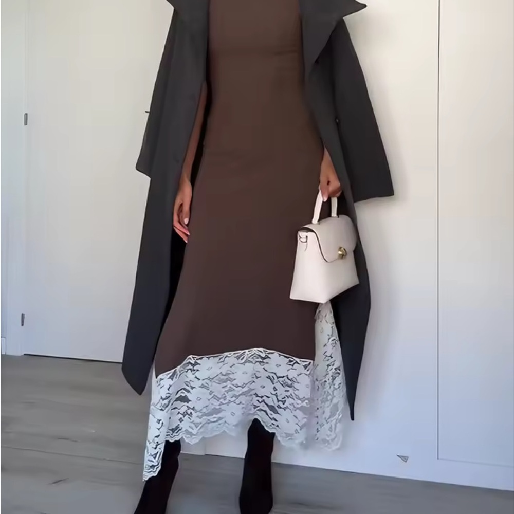 Chic Brown Midi Dress with White Lace NWOT Medium